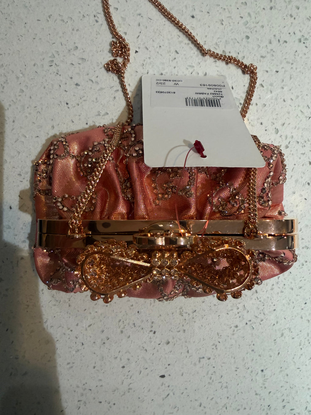 Gucci Metallic Pink Bow Embellished Moirè  Mini Bag