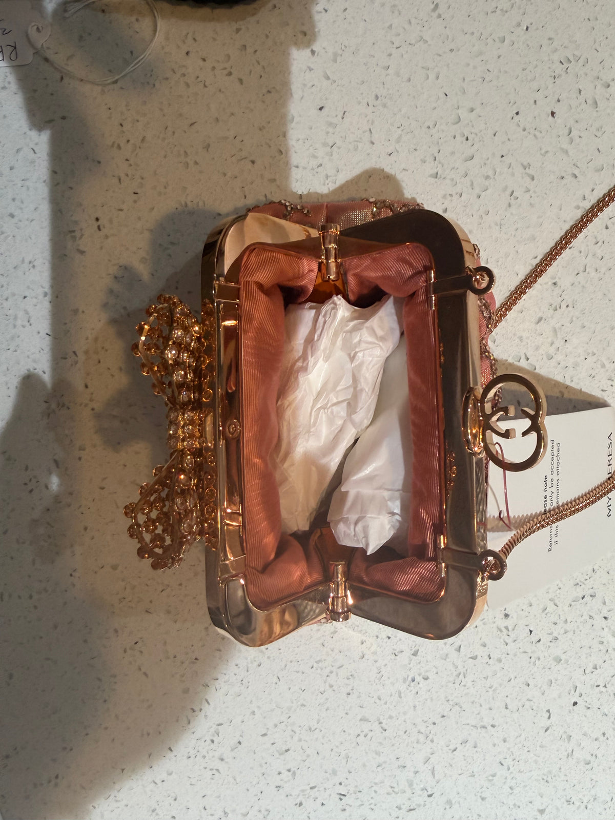Gucci Metallic Pink Bow Embellished Moirè  Mini Bag
