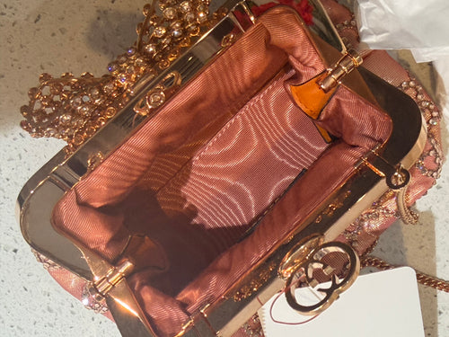 Gucci Metallic Pink Bow Embellished Moirè  Mini Bag