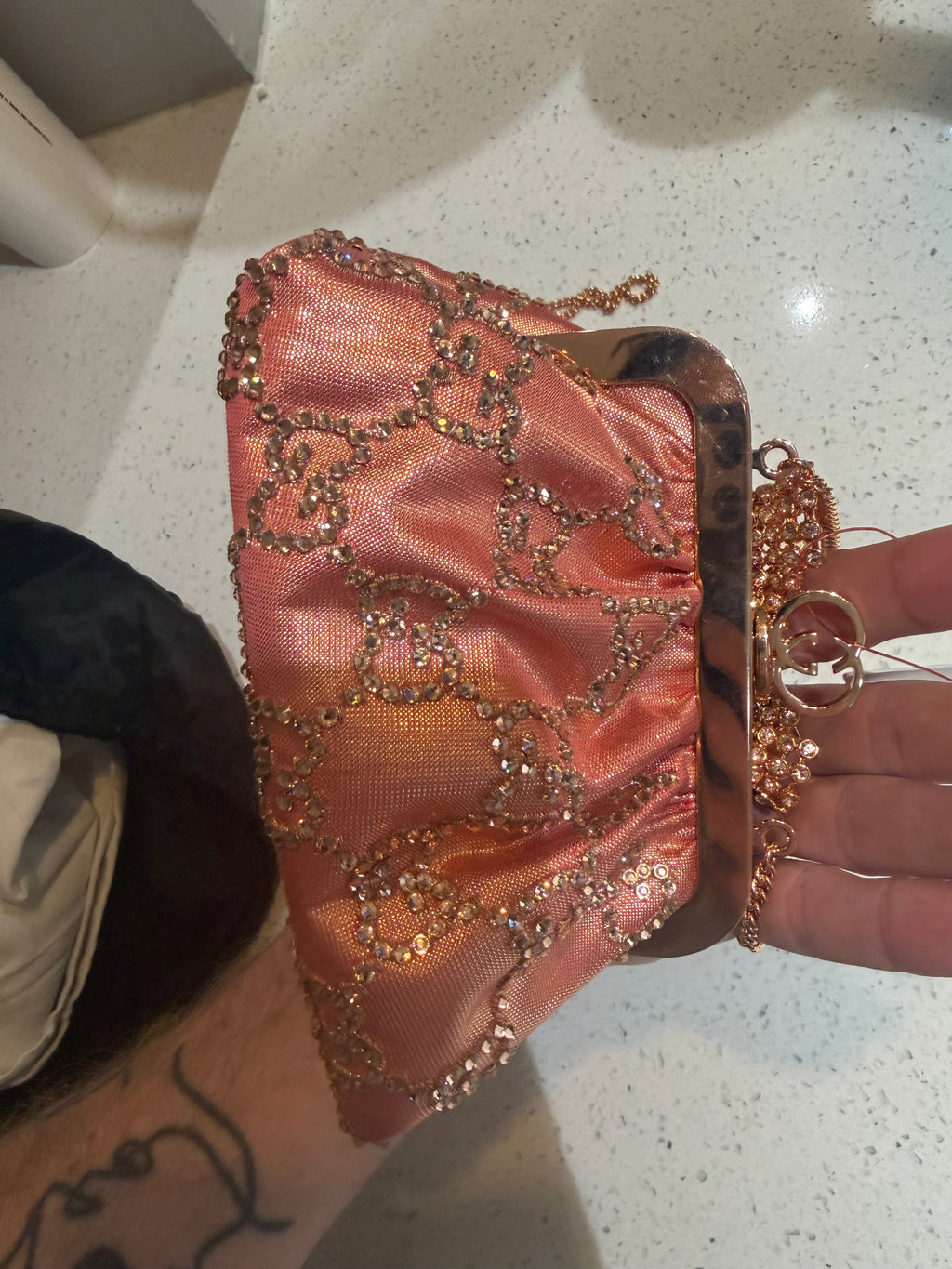 Gucci Metallic Pink Bow Embellished Moirè  Mini Bag
