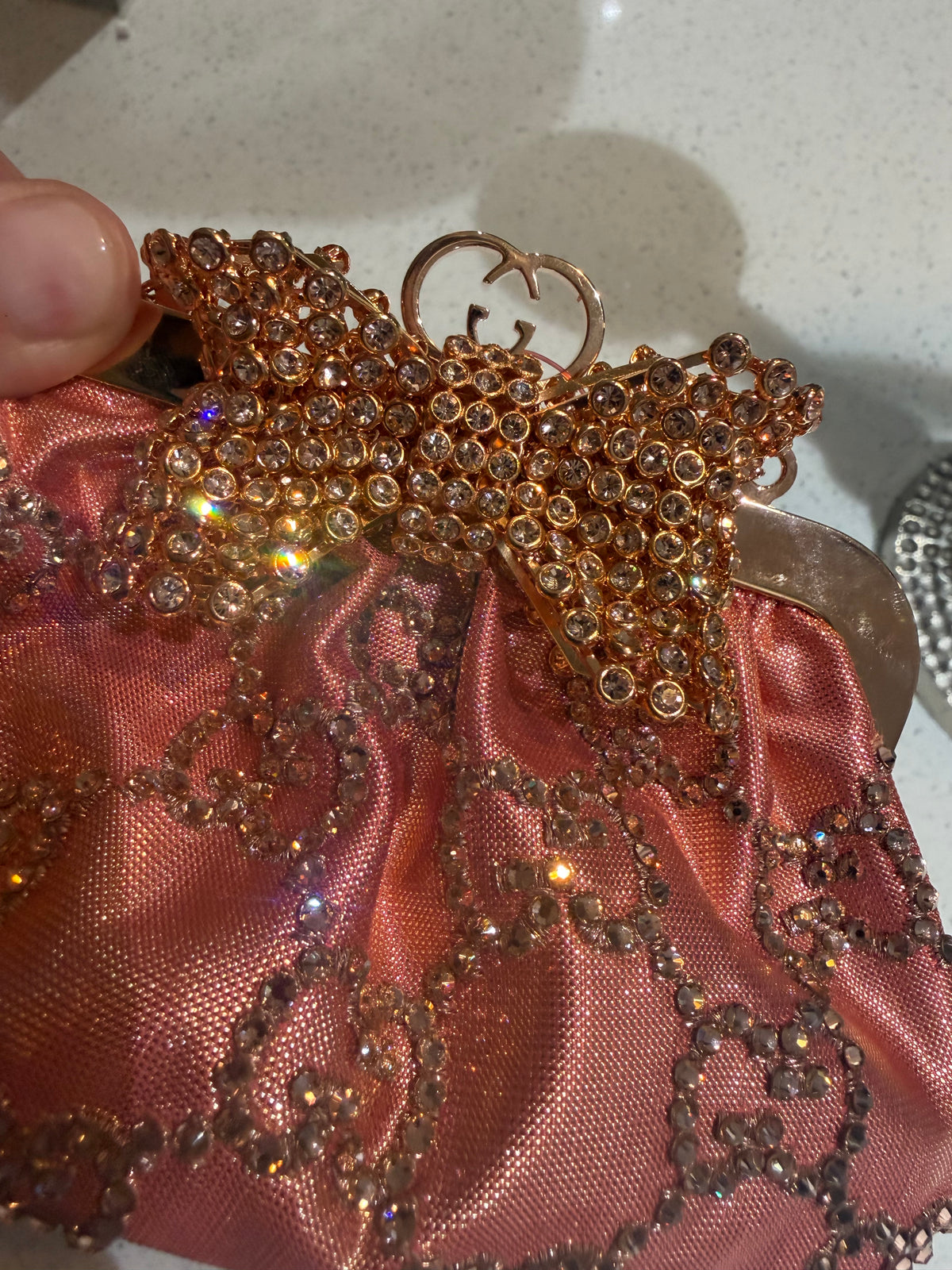 Gucci Metallic Pink Bow Embellished Moirè  Mini Bag