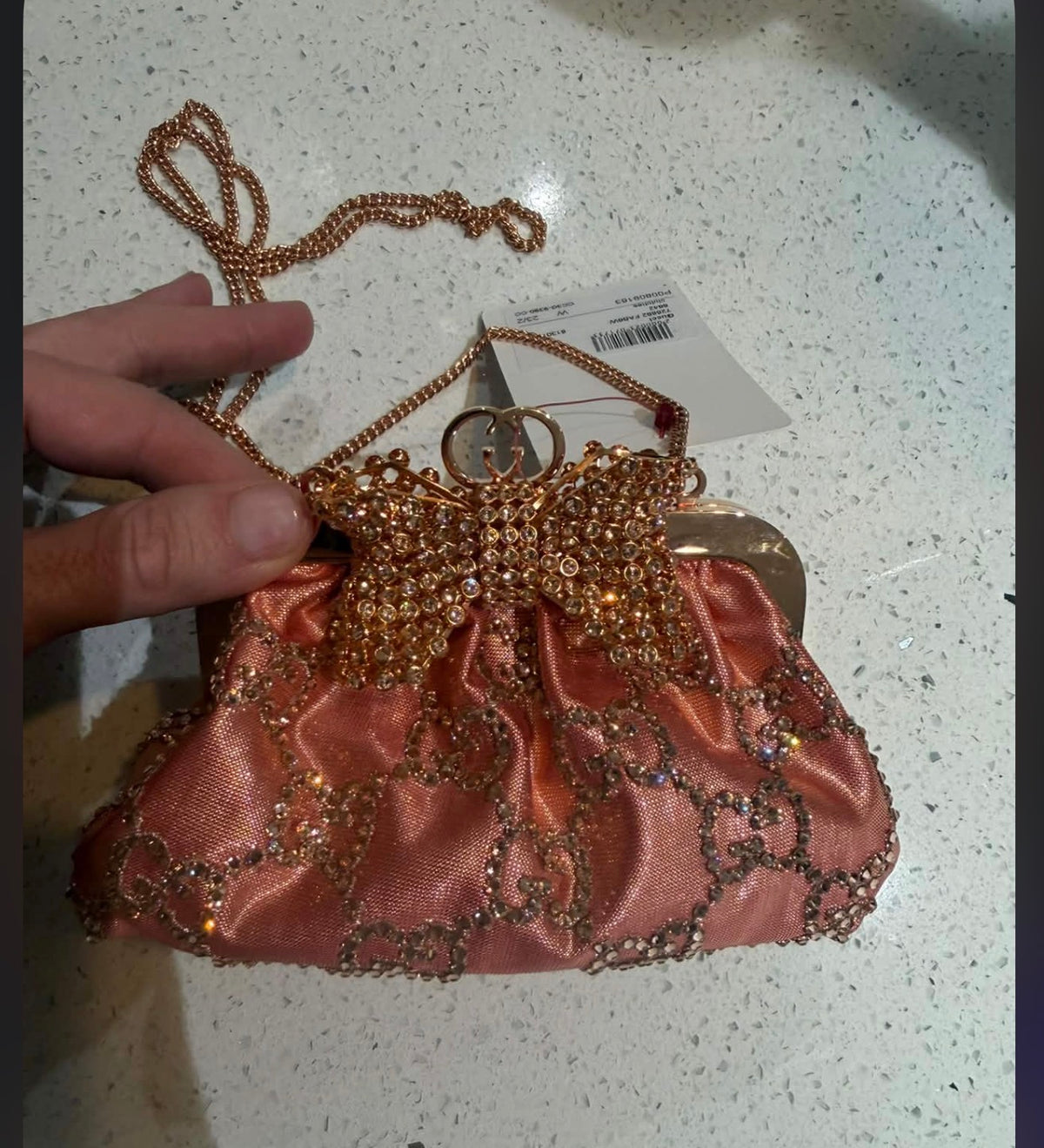 Gucci Metallic Pink Bow Embellished Moirè  Mini Bag